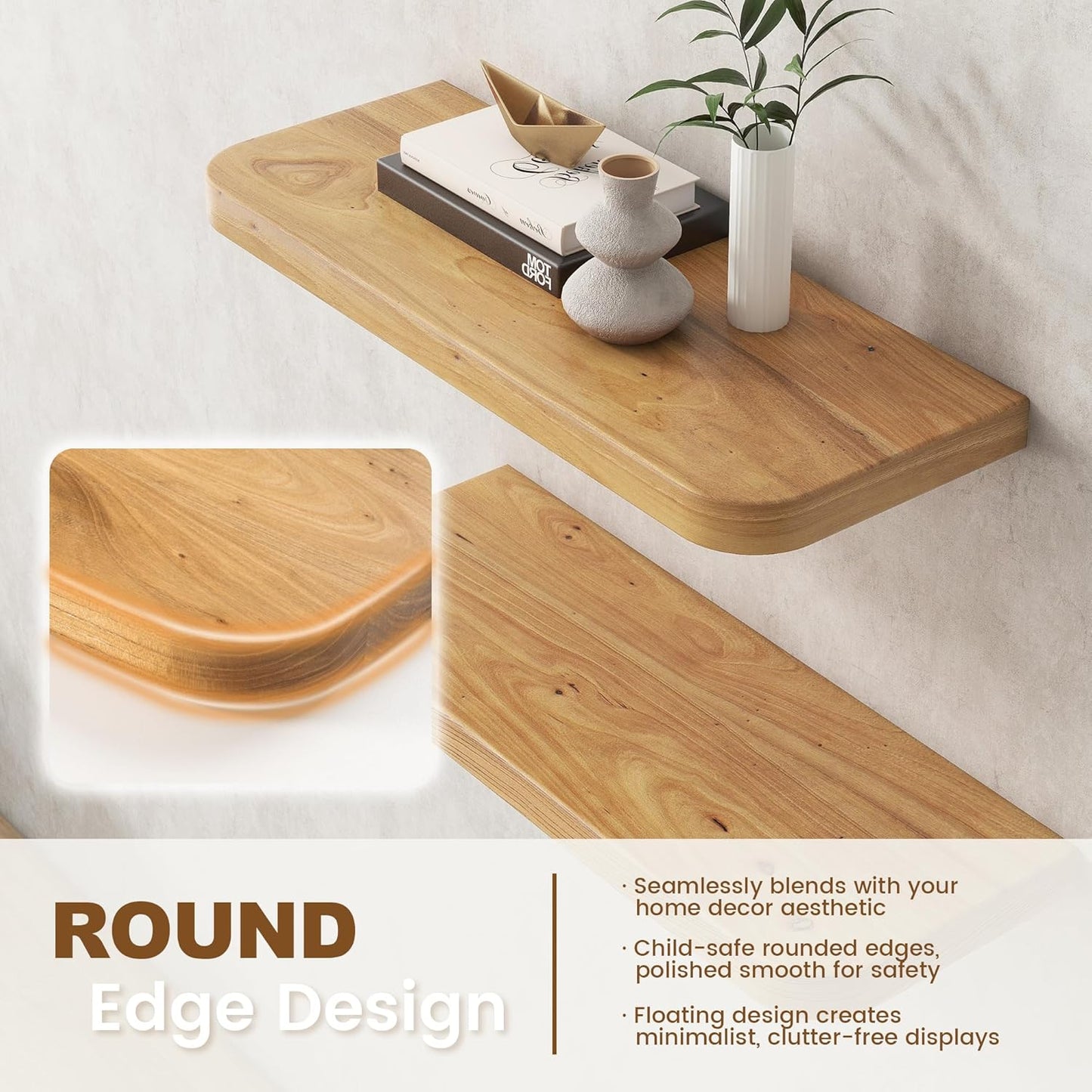 Rustic Elm Wood Floating Shelves for Wall Round Edge, 48"W x 9.2"D x 1.37"H, Set of 1 with Invisible Bracket, Wall Mounted Storage Shelves for Living Room Bedroom Kitchen Bathroom Decor, Natural