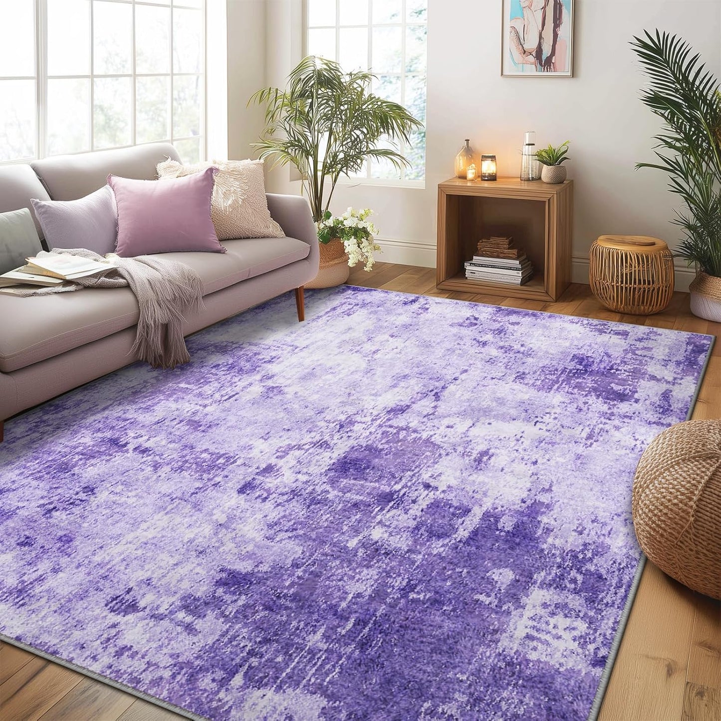 Washable Area Rugs 5'x7' Non-Slip Modern Abstract Soft for Living Room Entryway Bedroom Nursery, Print Pattern, Purple Gray Pink White
