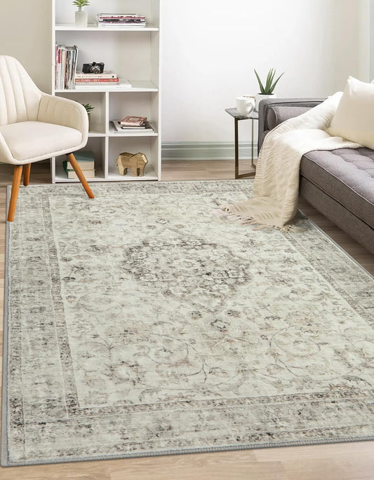 LIVEBOX Bedroom 4x6 Washable Area Rug for Entryway Kitchen, Non-Slip Soft Boho Rugs for Dining Room Office, Farmhouse Low-Pile Neutral Soft Carpet for Nursery Room Playroom, Taupe