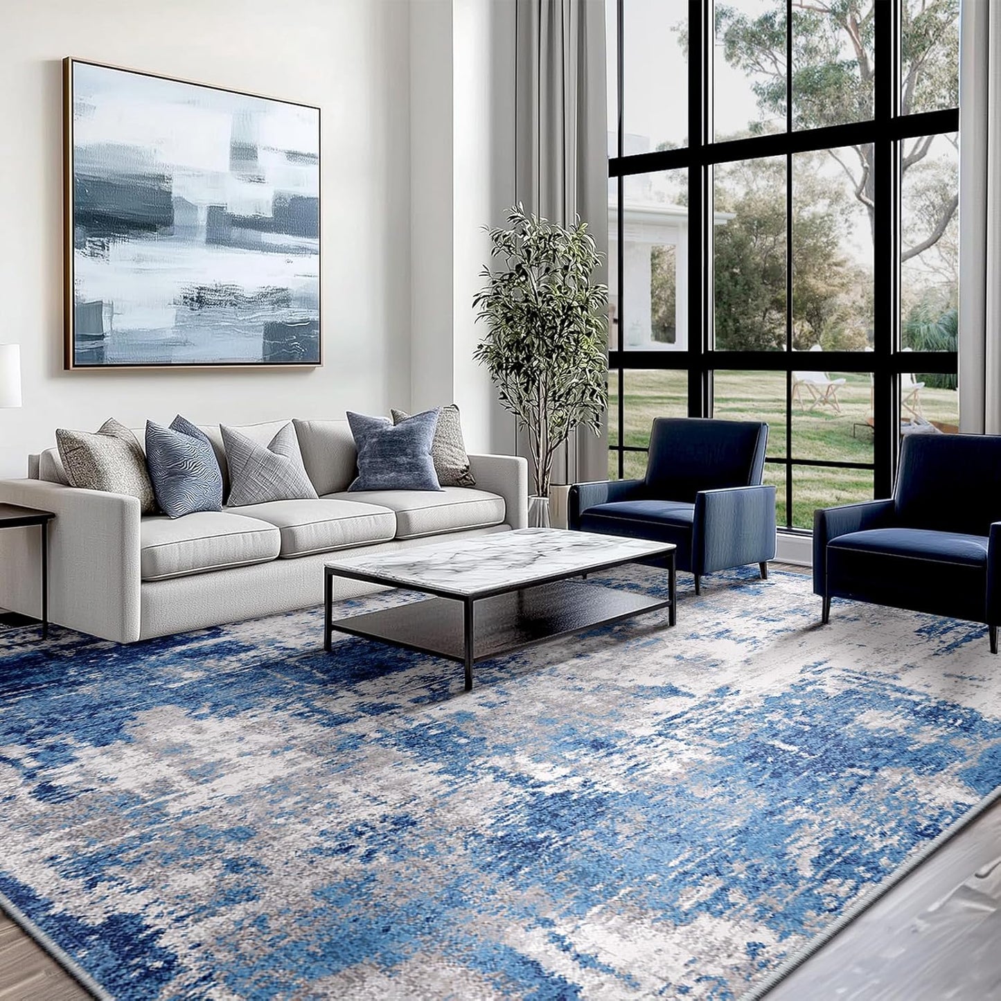 Washable Area Rugs 5'x7' Non-Slip Modern Abstract Soft for Living Room Entryway Bedroom Nursery, Print Pattern, Blue Grey Navy Gray