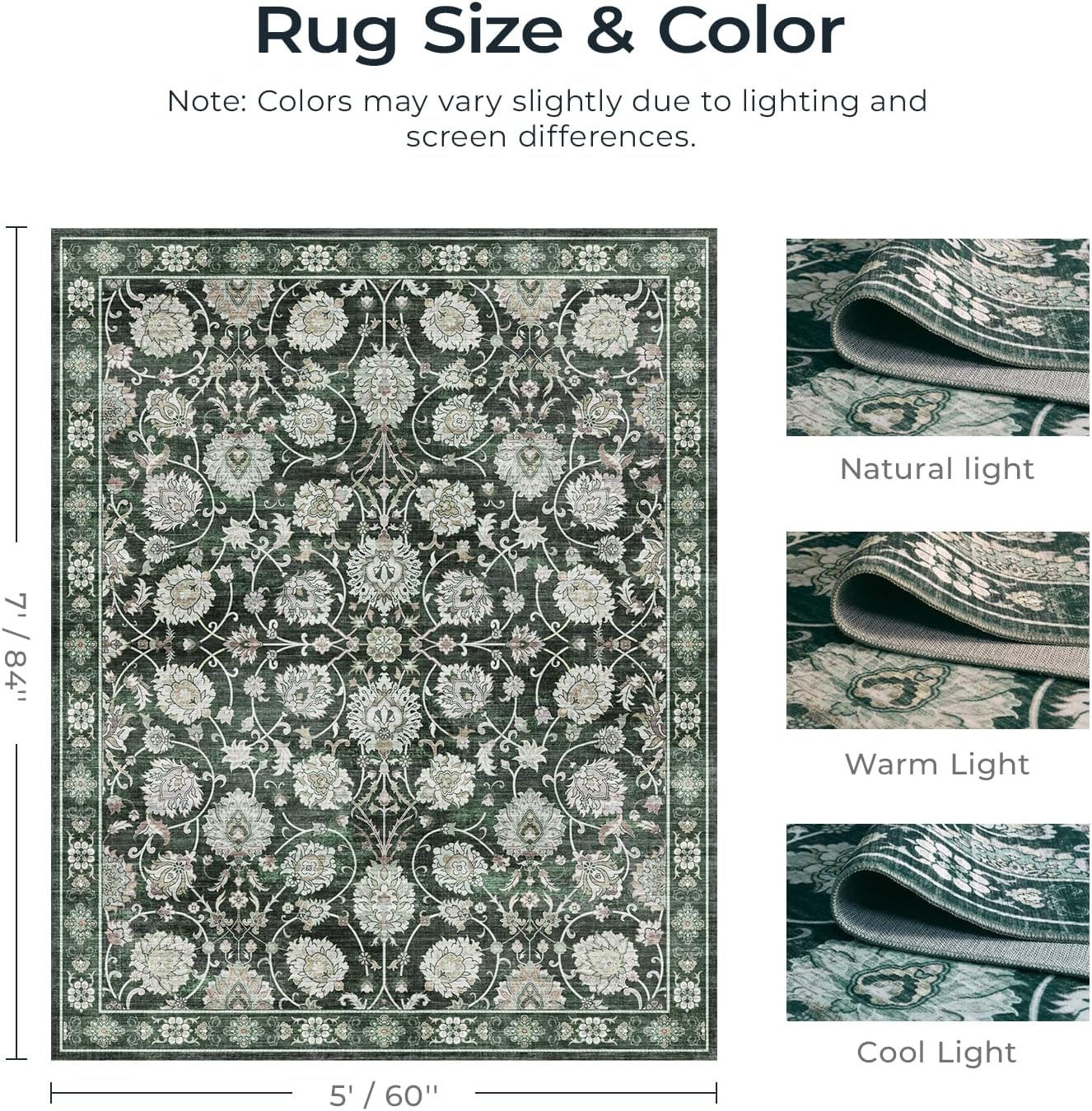 Floral Washable Area Rugs 5x7, Vintage Rug for Living Room, Large Bedroom Carpet, Non Slip Low Pile Ultra Soft Carpets for Indoor Dining Home Nursery Playroom Under Table, Dark Green
