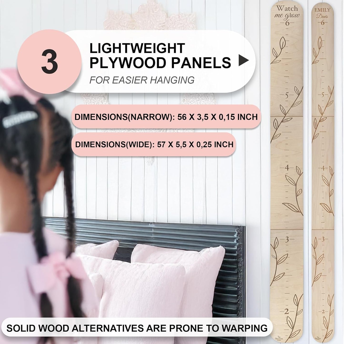 Personalized Wooden Growth Chart for Wall - Custom Name Kids Measurement Growth Chart for Girls, Child Height Measuring Chart Wooden, Baby Height Chart Wall Ruler Wood Wildlife Butterfly, 2 Sizes