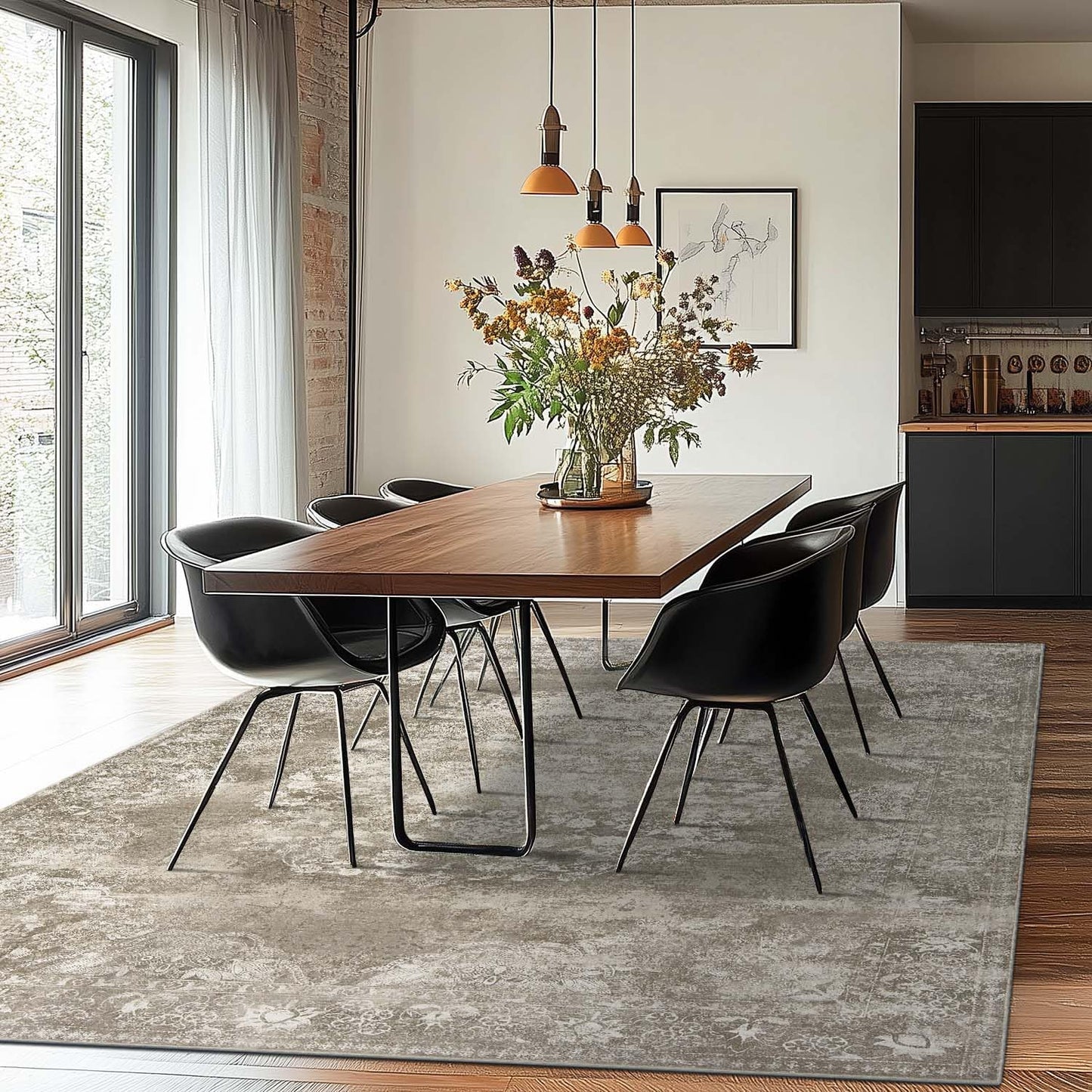 jinchan Washable Area Rug 6x9 for Living Room - Soft Faux Wool Ultra-Thin Stain Resistant Non-Slip Distressed Vintage Floral Large Carpet for Bedroom,Dining Room,Home Office,Nursery(Brown, 6'x9')