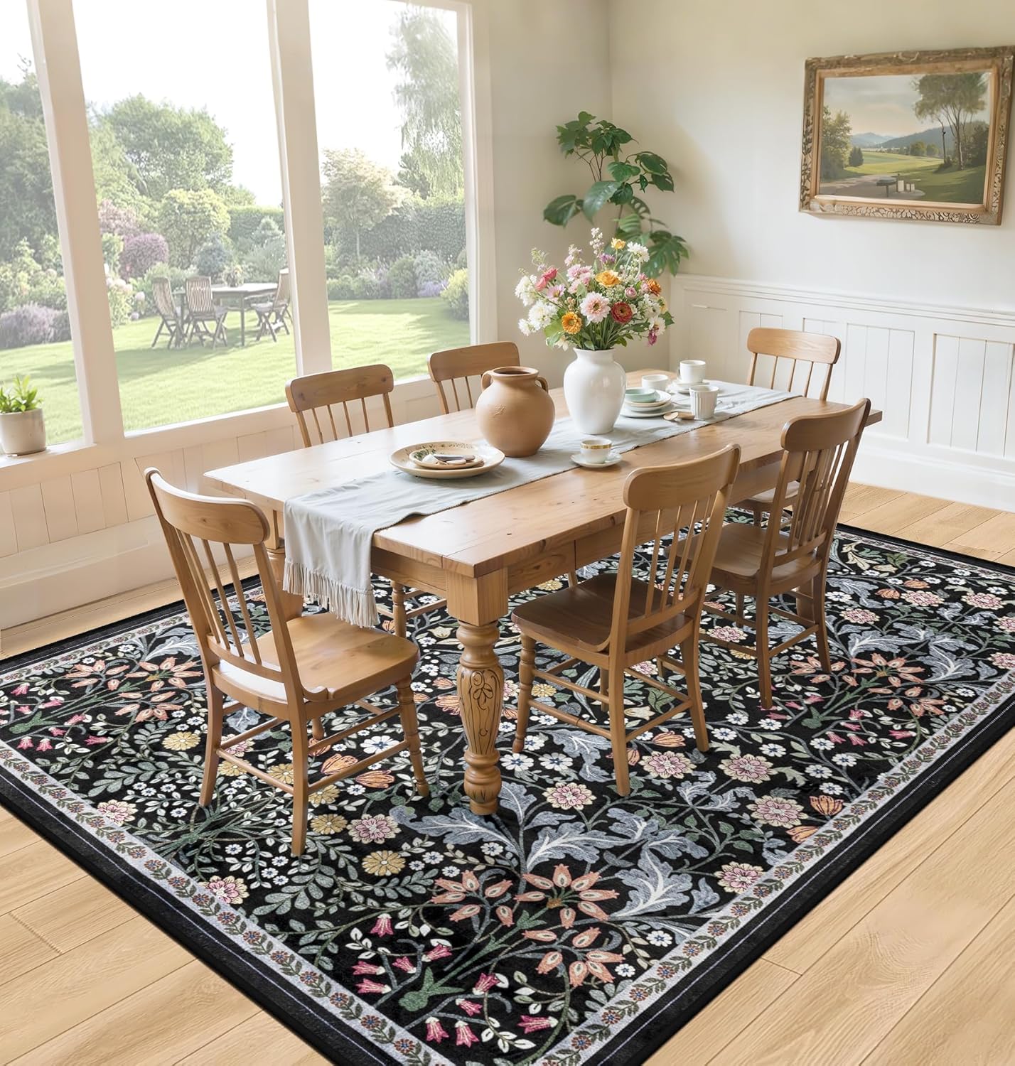 8x10 Area Rugs for Living Room: Floral Washable Rug Vintage Large Soft Boho Non-Slip Carpet Indoor Stain Resistant Low Pile Carpets for Bedroom Dining Room Farmhouse Nursery Home Office Dark Black