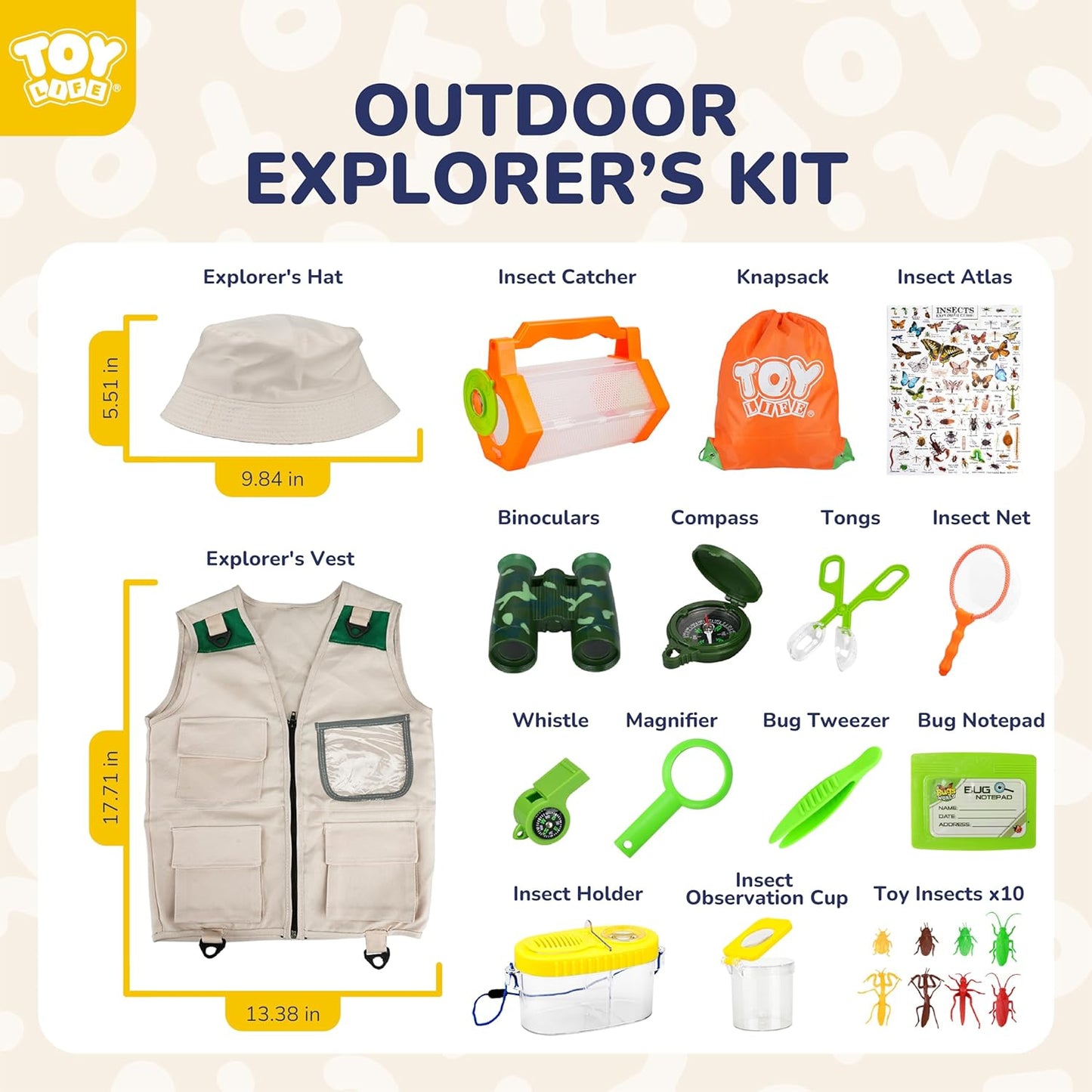 TOY Life Kids Explorer Bug Catcher Kit with Safari Costume, Binoculars Kids Outdoor Toys, Bug Toys, Butterfly Net, Camping Set Outdoor Activities Adventure Kit Nature Exploration Gifts Kid Ages 3-12