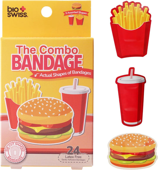 BioSwiss Bandages, Combo Meal Shaped Self Adhesive Bandage, Latex Free Sterile Wound Care, Fun First Aid Kit Supplies for Kids, 24 Count