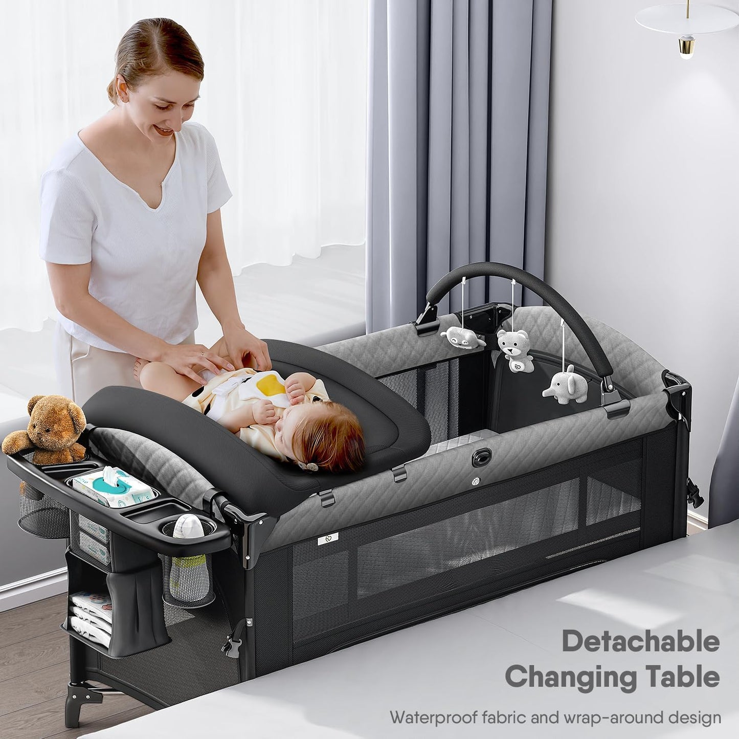 4 in 1 Baby Bassinet, Pack and Play, Bedside Crib Sleeper, Diaper Changer - Comes with Mattress, Mosquito Net，Bottom Storage and Toy Bar for Newborn to Toddles