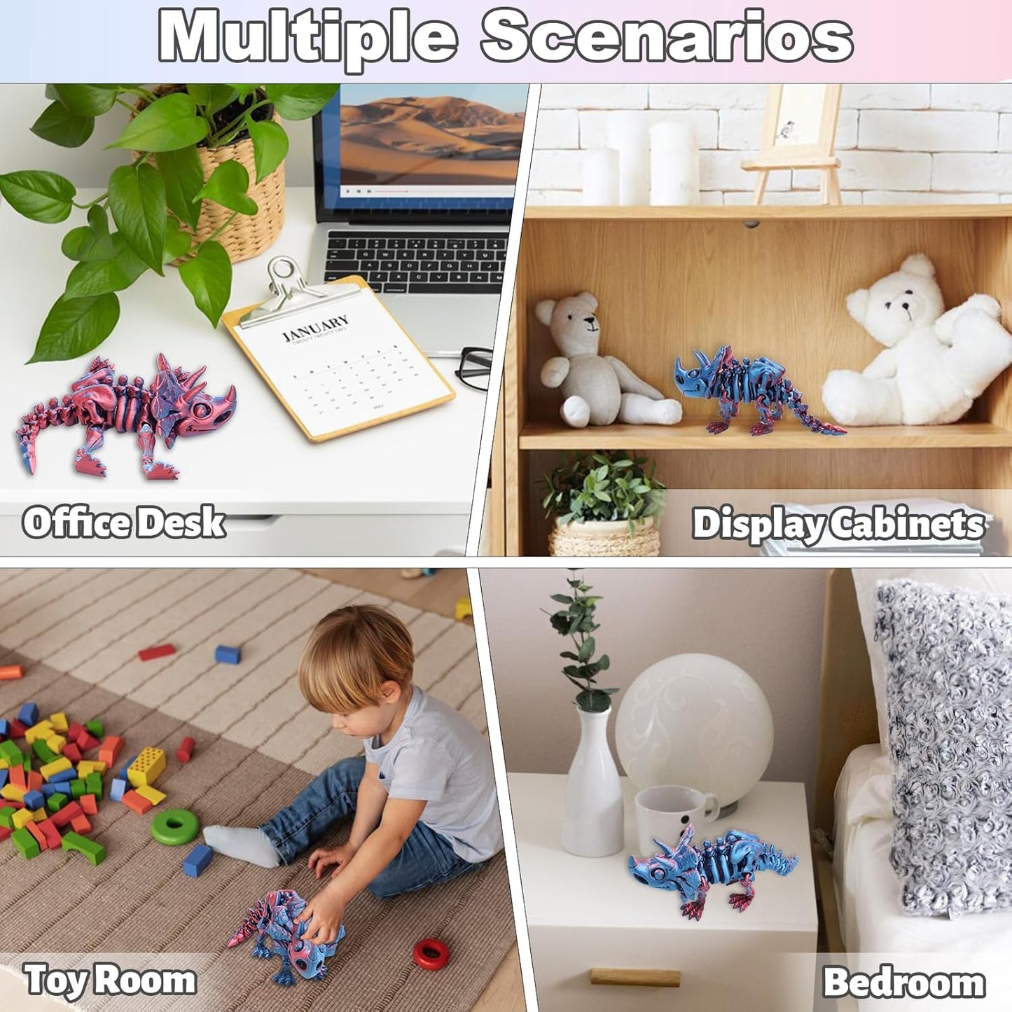 FunisFun 3D Printed Dragon with Articulated Joints for Adult, 3D Printed Dinosaur Fidget Toys Decor for Stress Relief (Triceratops-BP, 1P)