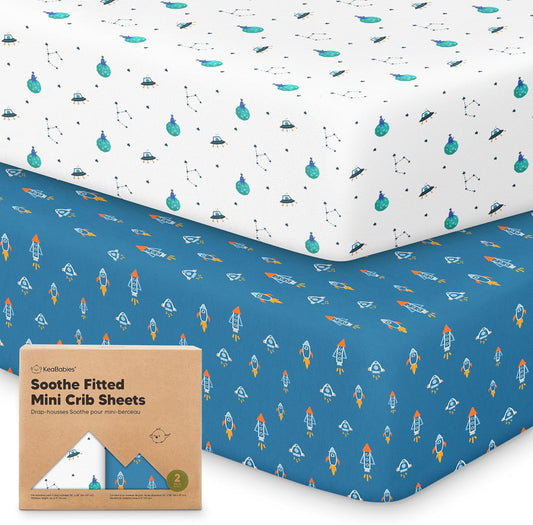 2-Pack Mini Crib Sheets Fitted - 38x26 Pack N Play Sheets for Pack and Play Mattress, Organic Cotton, Soft & Breathable Playard Bedding, Neutral Mini Toddler Bed Cover for Boys, Girls (Space Quest)