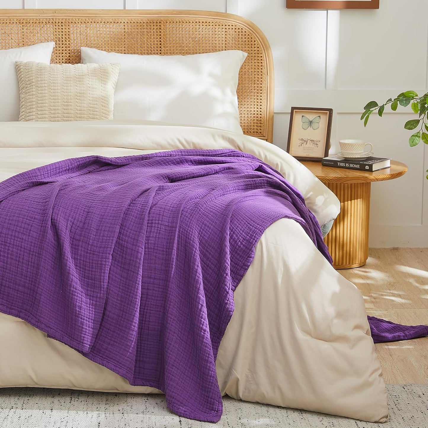 EMME Cotton Muslin King Blanket Bed Layering Breathable Gauze Blanket Soft Lightweight Blankets Adults (Purple, 108"x90")