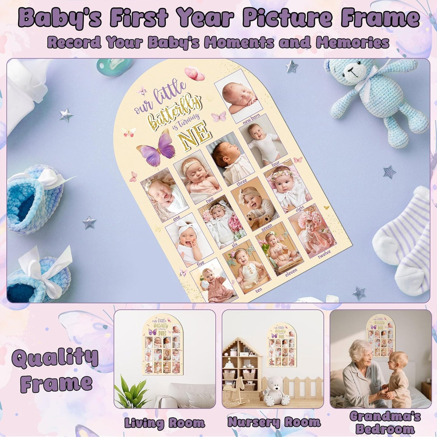R HORSE My First Year Photo Display Wood Board - 3D Pink Purple Butterfly Baby's First Year Picture Frame, 12 Months Milestone Board Neutral Baby Keepsake Gift 1st Birthday Nursery Decor for Girl