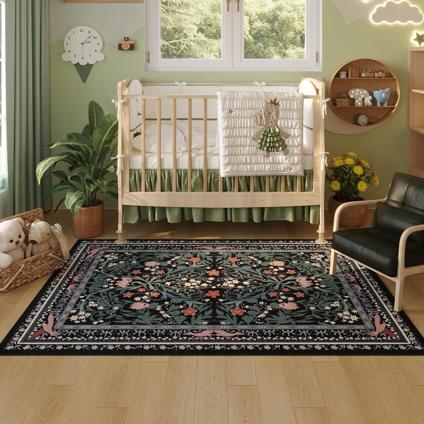 Area Rug 4x6 Rug Washable Vintage Floral Botanical Rugs Non Slip Low Pile Small Carpet for Bedroom, Bedside, Kids Room, Office, Dining Room, Black