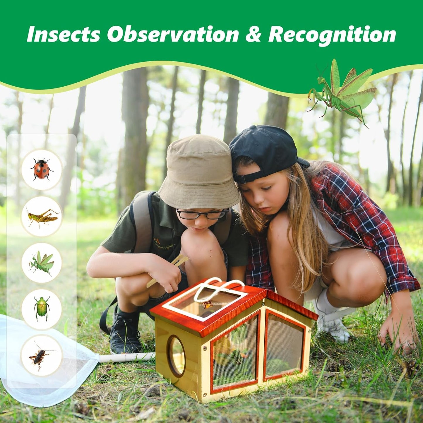 Kids Explorer Kit & Bug Catcher for Kids, Outdoor Toys with Large Portable Wooden Bug Habitat, Butterfly Net, Magnifier, Observation Cup, 15 Insect Cards for Toddler 3-8 Year Old Boy Gift