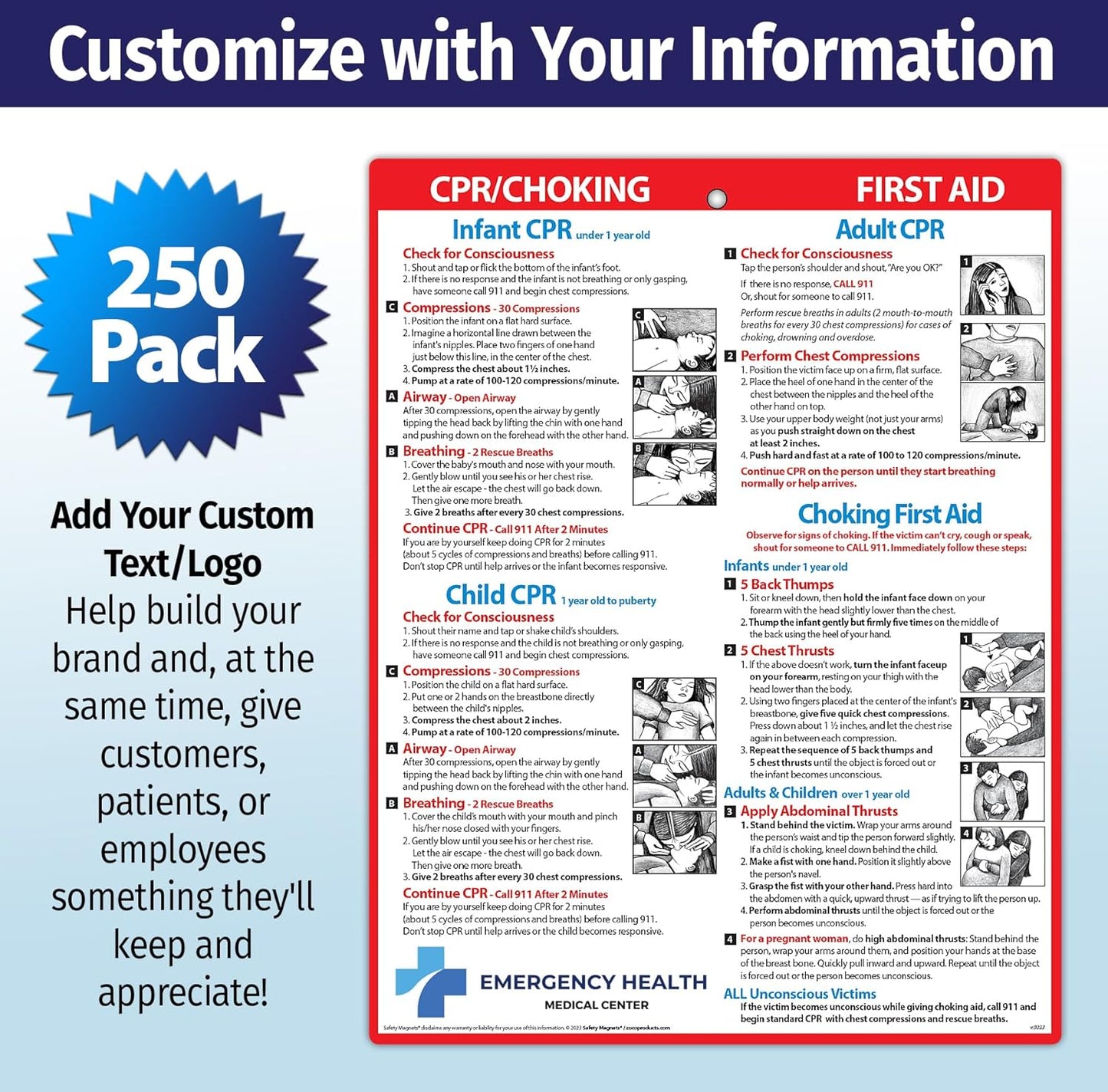 Safety Magnets by ZOCO – 250-Pack Custom CPR & Choking First Aid Magnet – 8.5"x11" Laminated Cards – Personalized with Logo – Branded Safety Handout for Offices, Caregivers & Healthcare