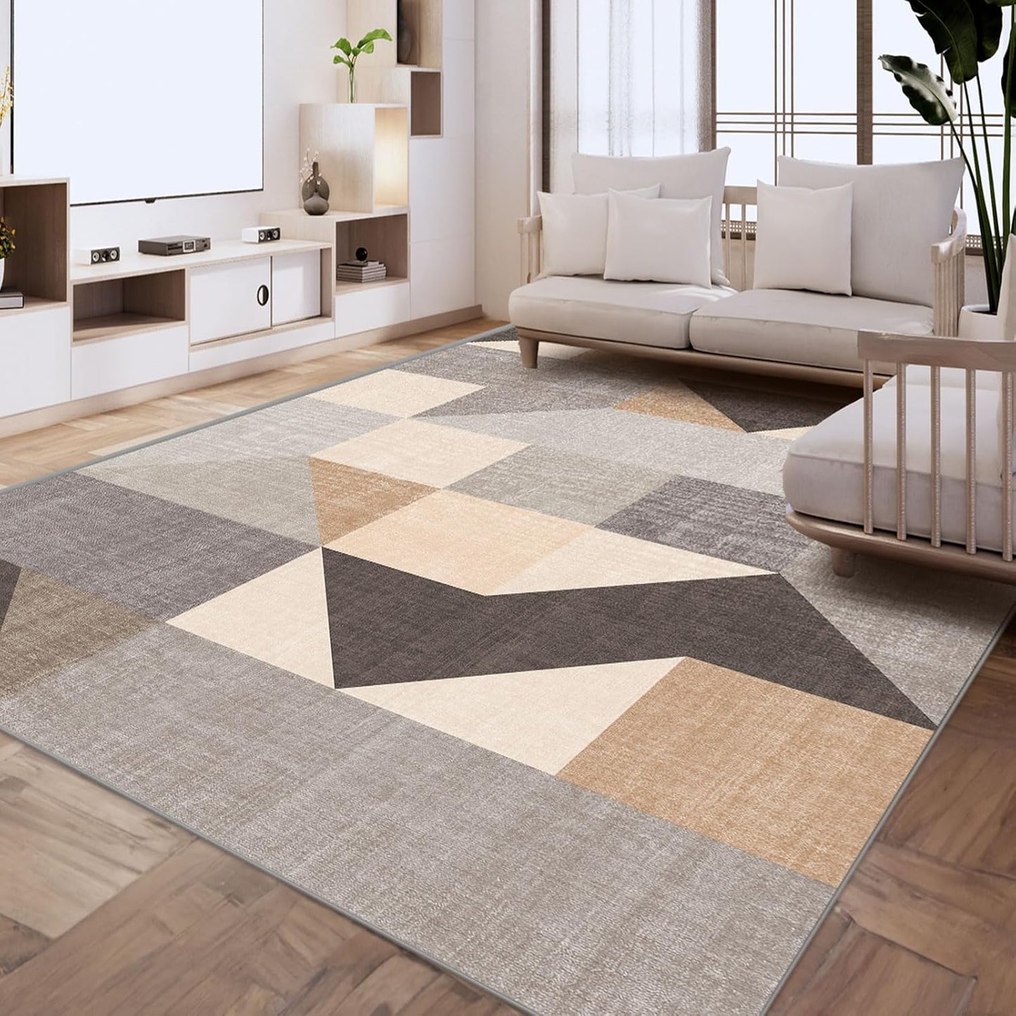 HOMFINE Washable Modern Area Rug - Geometric Style 6x9 Rugs for Living Room, Bedroom, Machine Washable Rug Soft Non Slip Non Shedding Area Rug - Grey Brown, 6'x9'