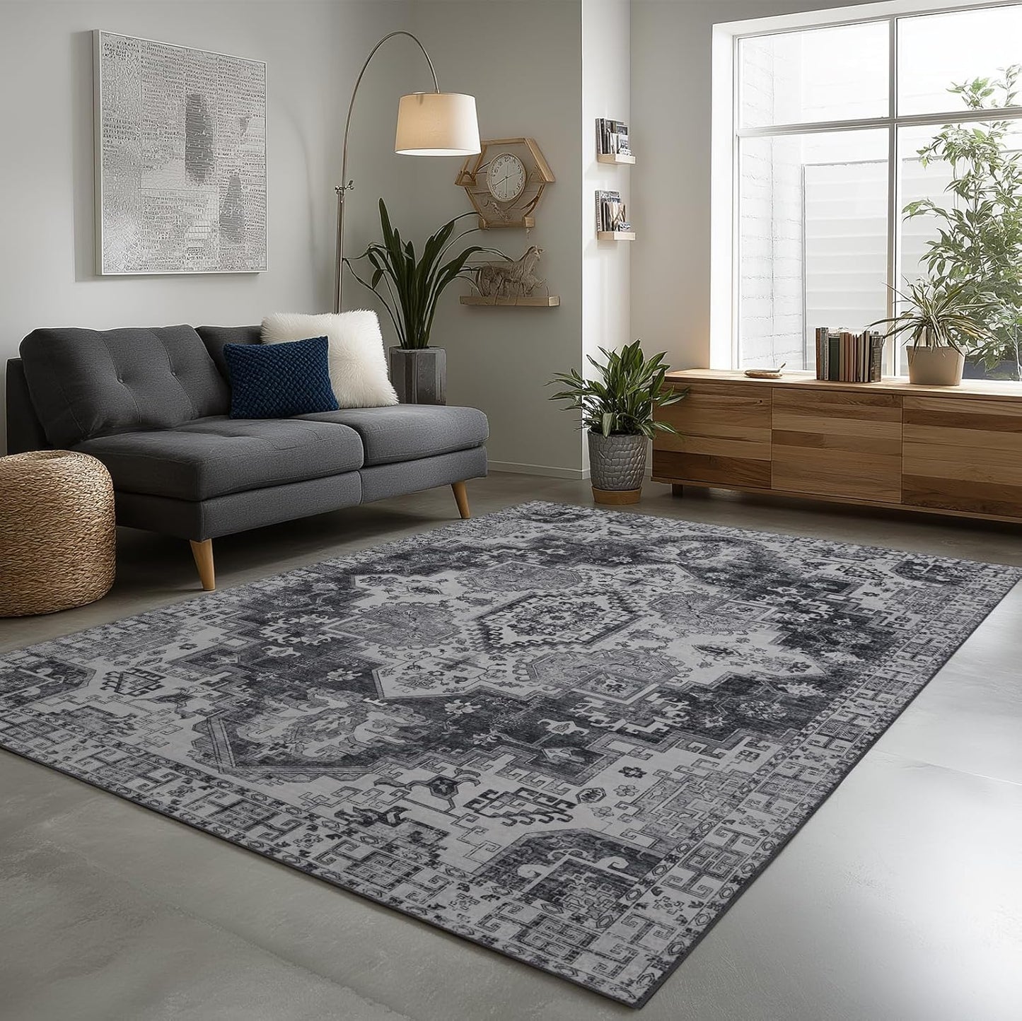 Washable Rugs 5x7 Area Rugs for Living Room, Thin Carpet for Bedroom, Soft Faux Wool Retro Dining Room Rug，Non Slip&Non-Shedding Resistant Low Pile Vintage Print Rug for Home Office (Medium Gray)
