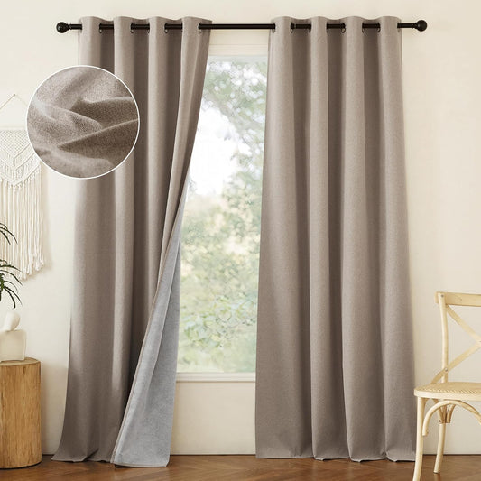 NICETOWN 100% Blackout Linen Faux Linen Curtains 95 inches Length for Dining Room, 2 Panels Set, 52" Wide, Farmhouse Style Room Cooling Window Draperies with Thermal Insulated Liners