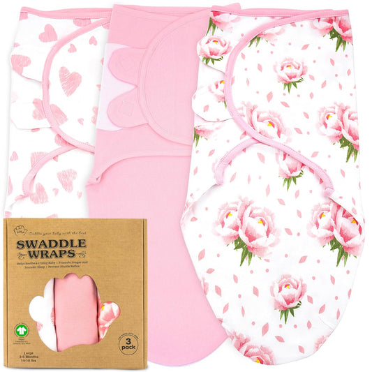 Bublo Baby Swaddles for Newborns – 3-Pack Infant Swaddles 3-6 Months – Adjustable Swaddle Sleep Sack – Soft Organic Cotton Baby Wrap for Safe & Cozy Sleep (Hearts-Flowers)
