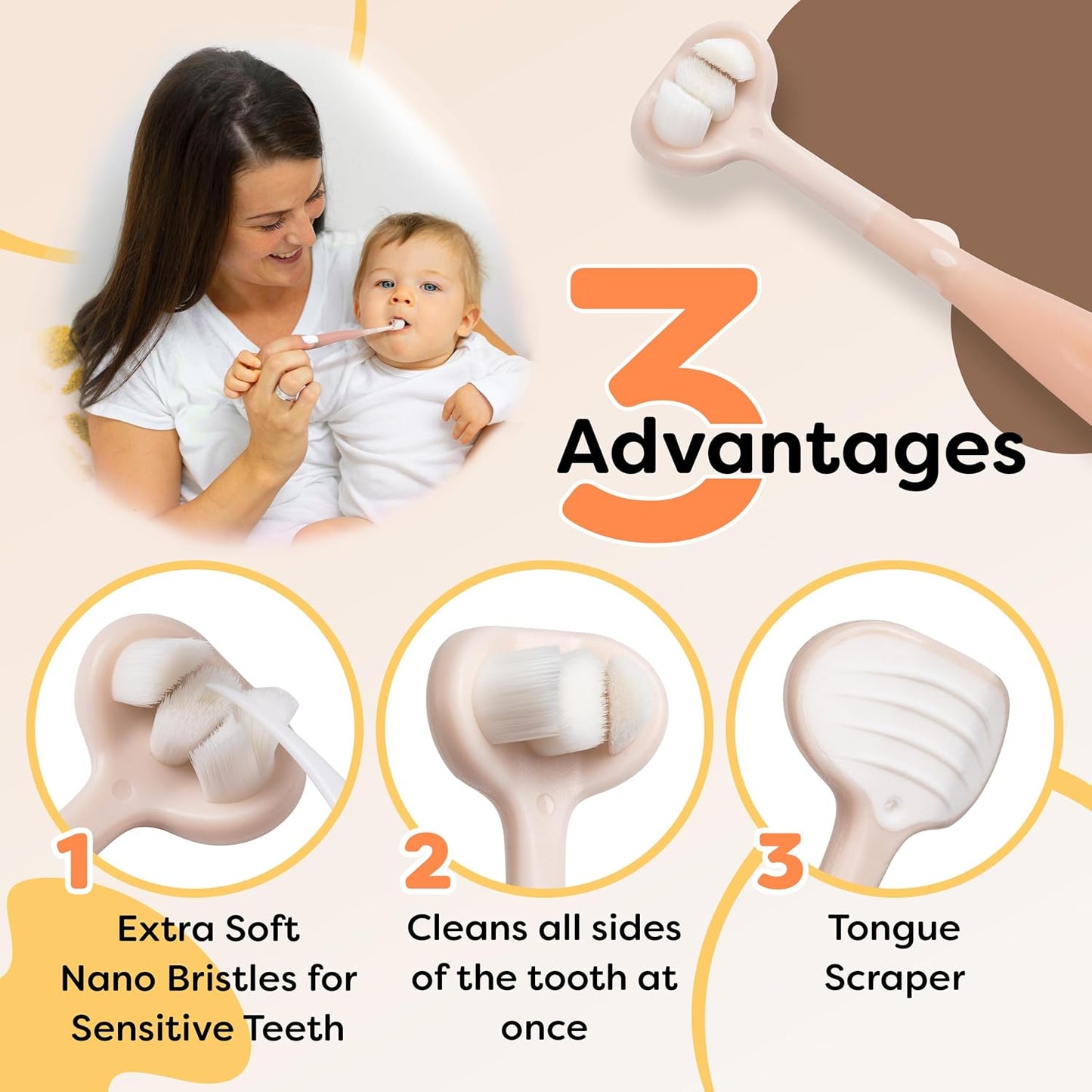 Trueocity Extra Soft Toddler Toothbrush, Toddler Toothbrushes 1-2 2-4, Toothhugger High Efficient 3 Sides Baby Toothbrush 12 Months and Up, Infant Training Brush, 10,000 Ultra-Soft bristles (Apricot)