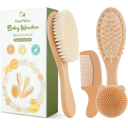 Yoofoss 4 Piece Baby Brush and Comb Set, Wooden Baby Brush with Natural Ultra Soft Goat Hair, Baby Hair Brush for Newborn, Baby Brush Set for Boy Girl