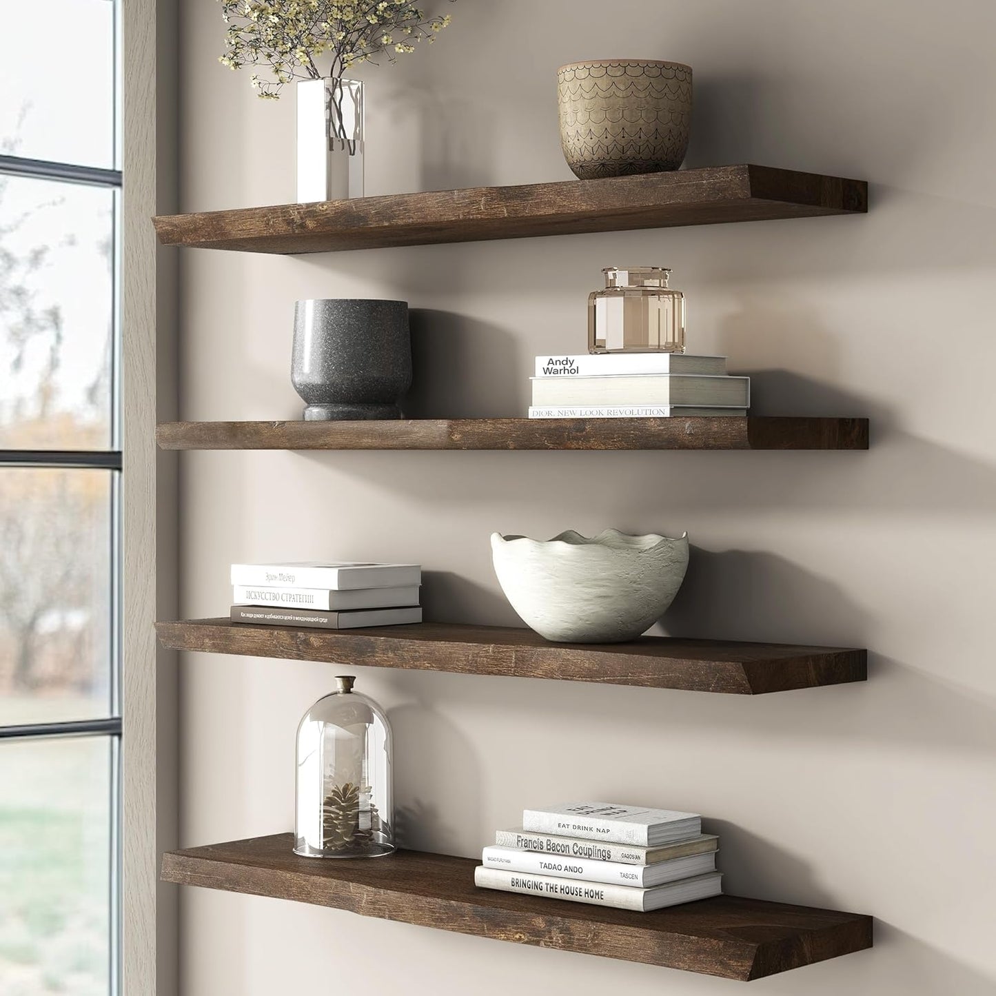 Rustic Elm Wood Floating Shelf for Wall, Live Edge 48"W x 9.2"D x 1.4"H, 1 Pack with Invisible Bracket, Large Wall Mounted Storage Shelf for Living Room Bedroom Kitchen Bathroom Decor, Walnut Finish