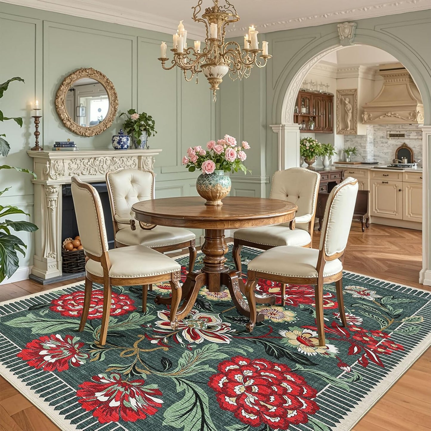 GarveeHome Floral Botanical Washable 9x12 Area Rug for Living Room Soft Grey Green Vintage Boho Cottage Large Rugs Low Pile Carpet for Bedroom Dining Nursery Rug