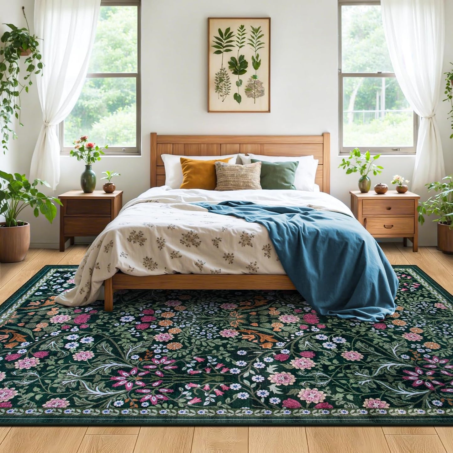 Area Rug Living Room Rugs: Floral 5x7 Washable Rug Vintage Soft Boho Non-Slip Carpet Indoor Floor Stain Resistant Large Carpets for Bedroom Dining Room Farmhouse Nursery Hallway Home Office Dark Green