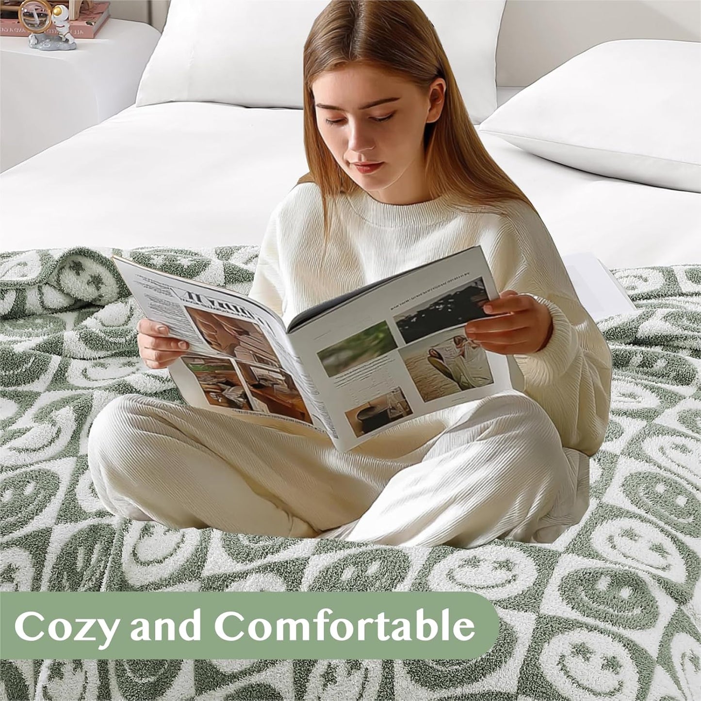 WRENSONGE Checkered Throw Blanket Seagrass Smiling Face Soft Cozy Fluffy Warm Hand Made Weave Throw Blankets for Couch, Sofa, Chair, Bed, Camping, Picnic, Travel Lightweight Bed Blanket - 60"*80"