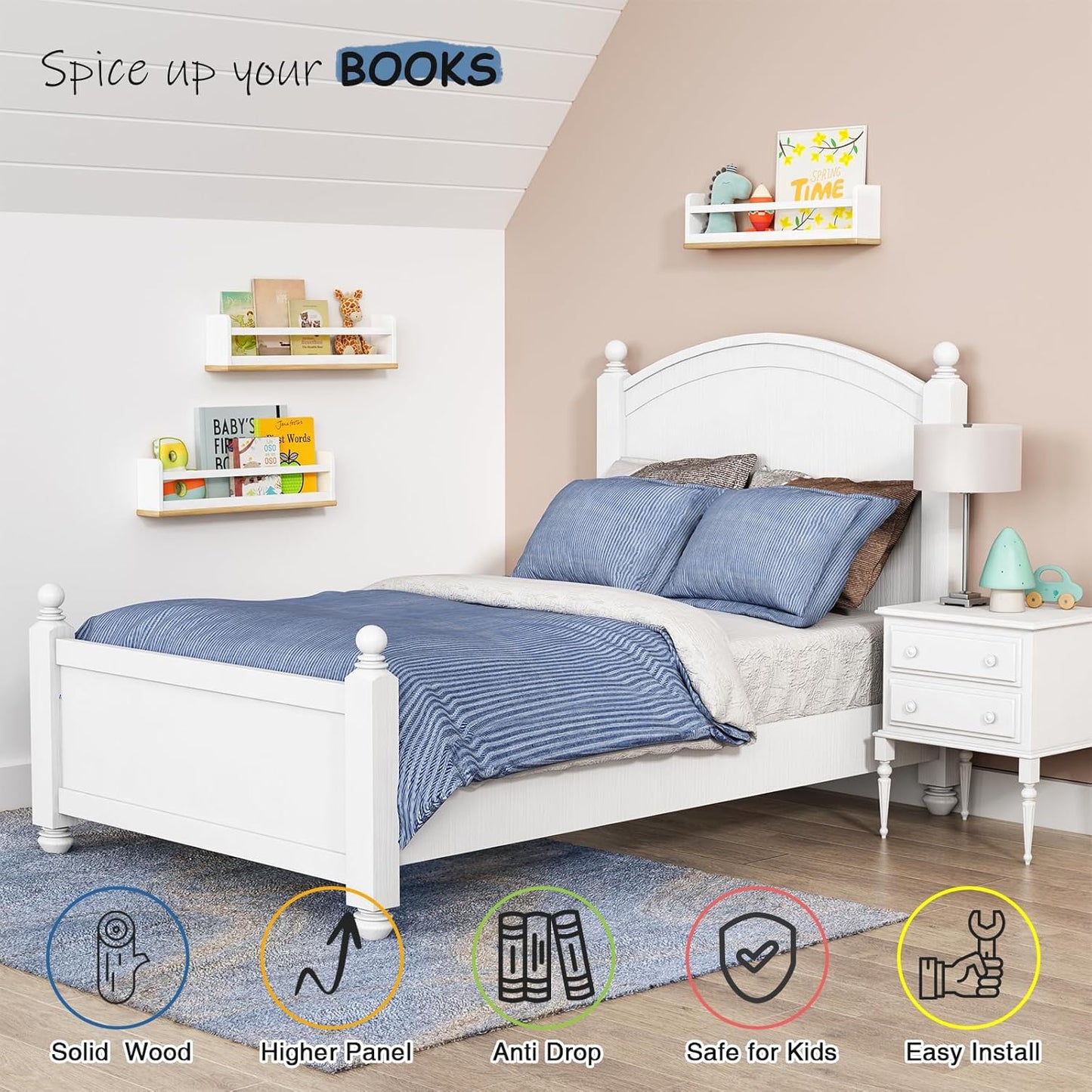 Nursery Floating Book Shelves for Wall, 24 Inch Long Wall Bookshelf for Kids Room, White and Natural Wood Baby Toddler Child Hanging Bookshelves for Kids Bathroom Bedroom (Upgraded Set of 3)