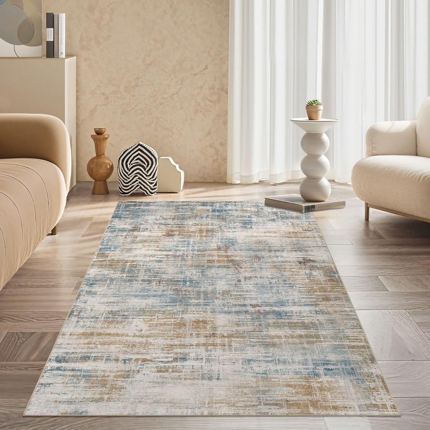 Area Rug for Living Room: 3x5 Washable Neutral Abstract Modern Soft Rugs Non Slip Indoor Floor Stain Resistant Carpet for Bedroom Dining Room Office Nursery - Blue Brown