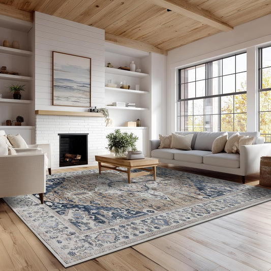 Washable Rugs 5x7 Area Rugs for Living Room, Thin Carpet for Bedroom, Soft Faux Wool Retro Dining Room Rug，Non Slip&Non-Shedding Resistant Low Pile Vintage Print Rug for Home Office (Taupe/Blue)