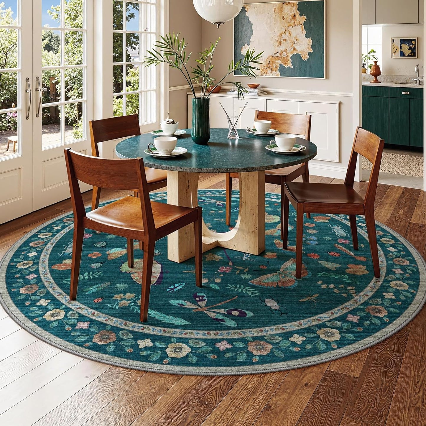 6ft Washable Round Rug - Bug Rugs for Living Room Non-Slip Low Pile Soft Ultra-Thin Machine Washable Circle Carpet for Bedroom, Entryway, Nursery, Kitchen, Home Office (6' Round Teal)