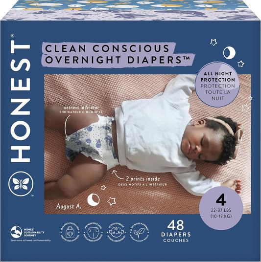 The Honest Company Clean Conscious Overnight Diapers for Sensitive Skin | Hypoallergenic, Fragrance Free | Cozy Cloud + Star Signs | Club Box, Size 4 (22-37 lbs), 48 Count