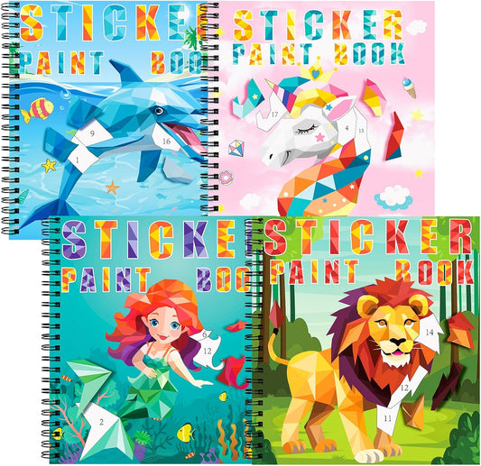 homicozy 4PCS Sticker Paint Books for Kids Ages 4-10,Unicorn Mermaid Animals Designs Paint by Stickers,Sticker by Numbers,Party Birthday Gifts for Girls 4-10,Create 40 Pictures One Stickers at A Time