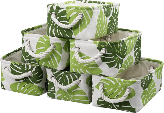 Organization and Storage Basket for Shelves - Small 6 Pack Fabric Storage Bin Collapsible Baskets for Organizing with Handle for Cloth Decorative Laundry Canvas (Banana Leaf 12x8x5.2 inch)