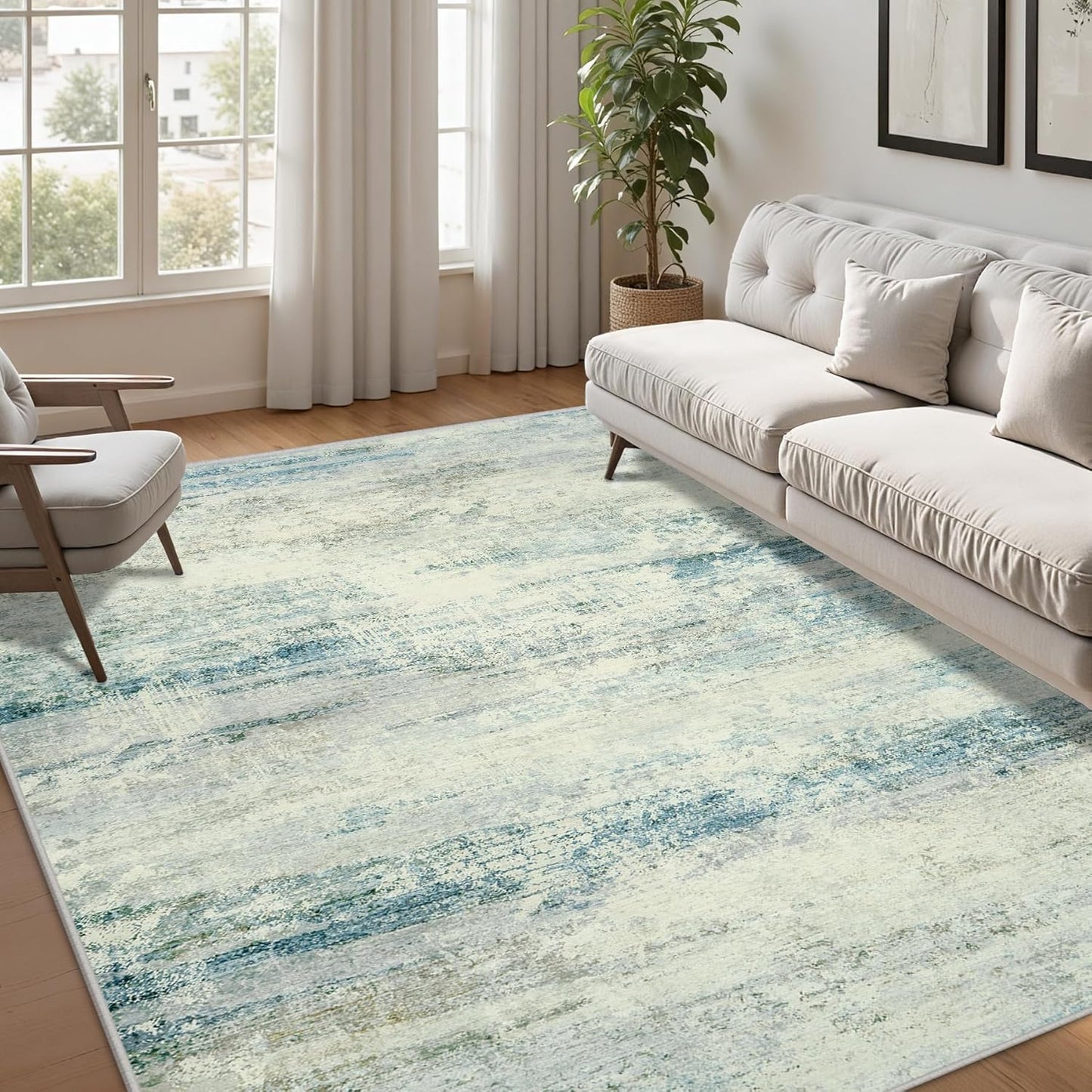 Washable Rug 6x9 Area Rugs, Abstract Large Living Room Rugs with Non-Slip Backing, Thin Carpet for Dorm Dining Room Table Nursery Indoor Home Office -Blue/Gray