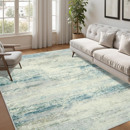 Washable Rug 6x9 Area Rugs, Abstract Large Living Room Rugs with Non-Slip Backing, Thin Carpet for Dorm Dining Room Table Nursery Indoor Home Office -Blue/Gray