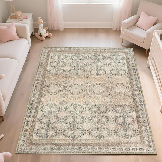 4x6 Area Rug for Bedroom Machine Washable, Non Slip Vintage Floral Kitchen Rugs for Dining Room, Rustic Indoor Floor Carpet for Nursery, Farmhouse, Office Classroom Beige/Pink/Orange