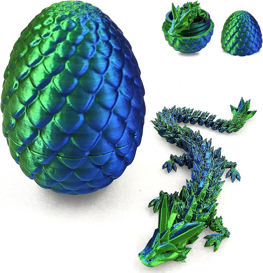 3D Printed Dragon in Egg with Dragon Inside,Dragon Surprise Egg,Flexible Joints Home Office Dragon Decor Executive Desk Toys for Autism/ADHD,Crystal Dragon Eggs Fidget Toy (Laser Green)