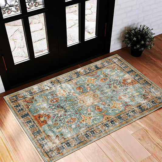 Washable Area Rug 2'x3' Door Mat Vintage Distressed Taupe Doormat Indoor Entrance Traditional Floral Print Non Slip Carpet for Kitchen Bathroom Bedroom Living Room