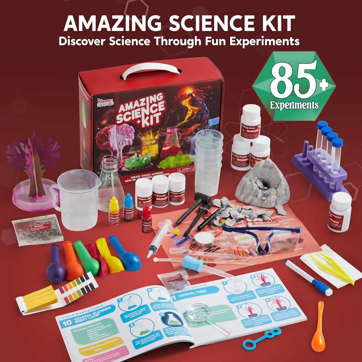 Klever Kits Amazing Science Kits- 85+ Experiments Educational Toys, STEM Activities with Erupting Volcano and Growing Crystal Tree for Kids Aged 6 7 8+