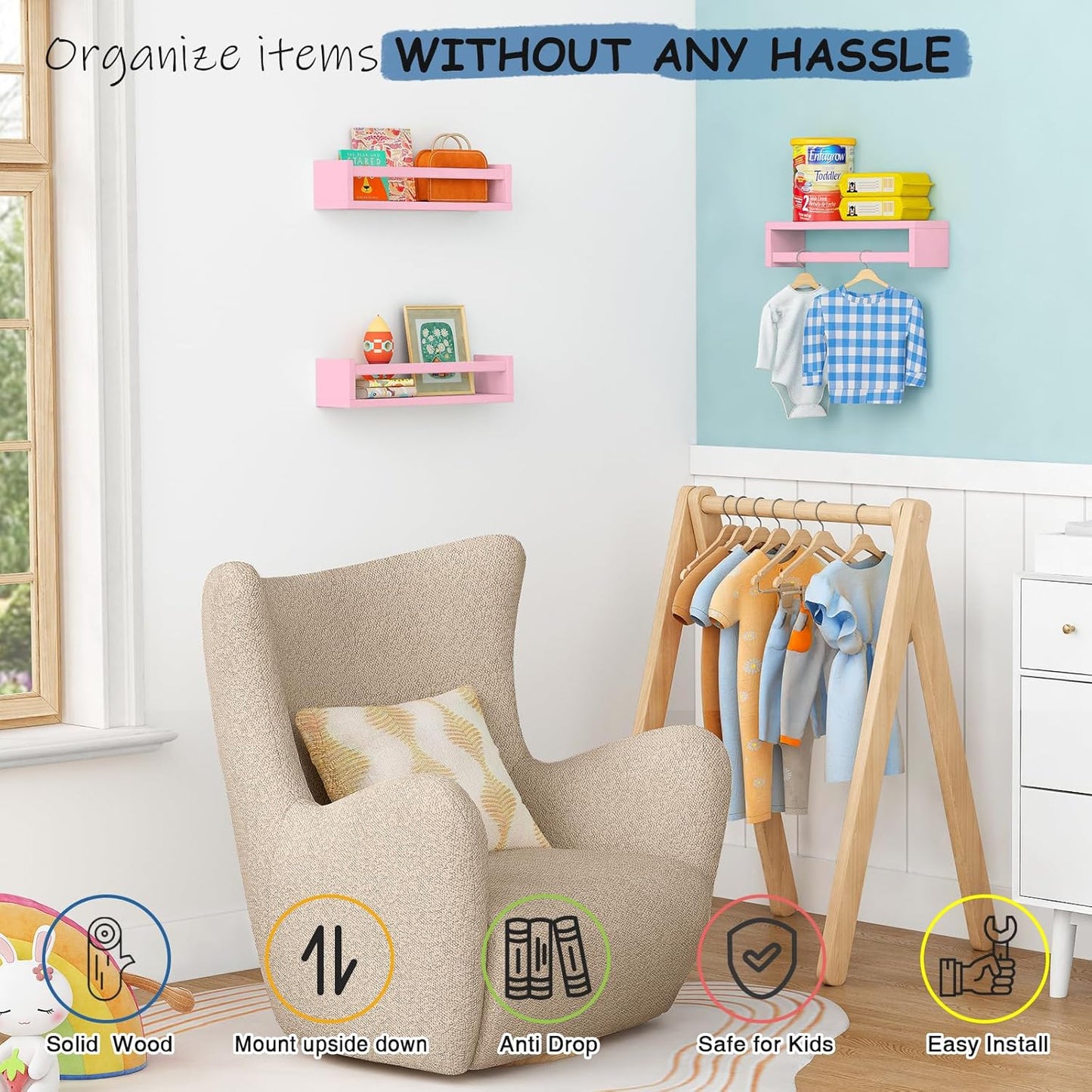 Pink Nursery Floating Shelves for Wall Set of 3, Baby Girls Room Wall Book Shelves for Kids Bedroom, Corner Bookshelf for Toddler Children Bathroom Decor and Toys Organizers and Storage