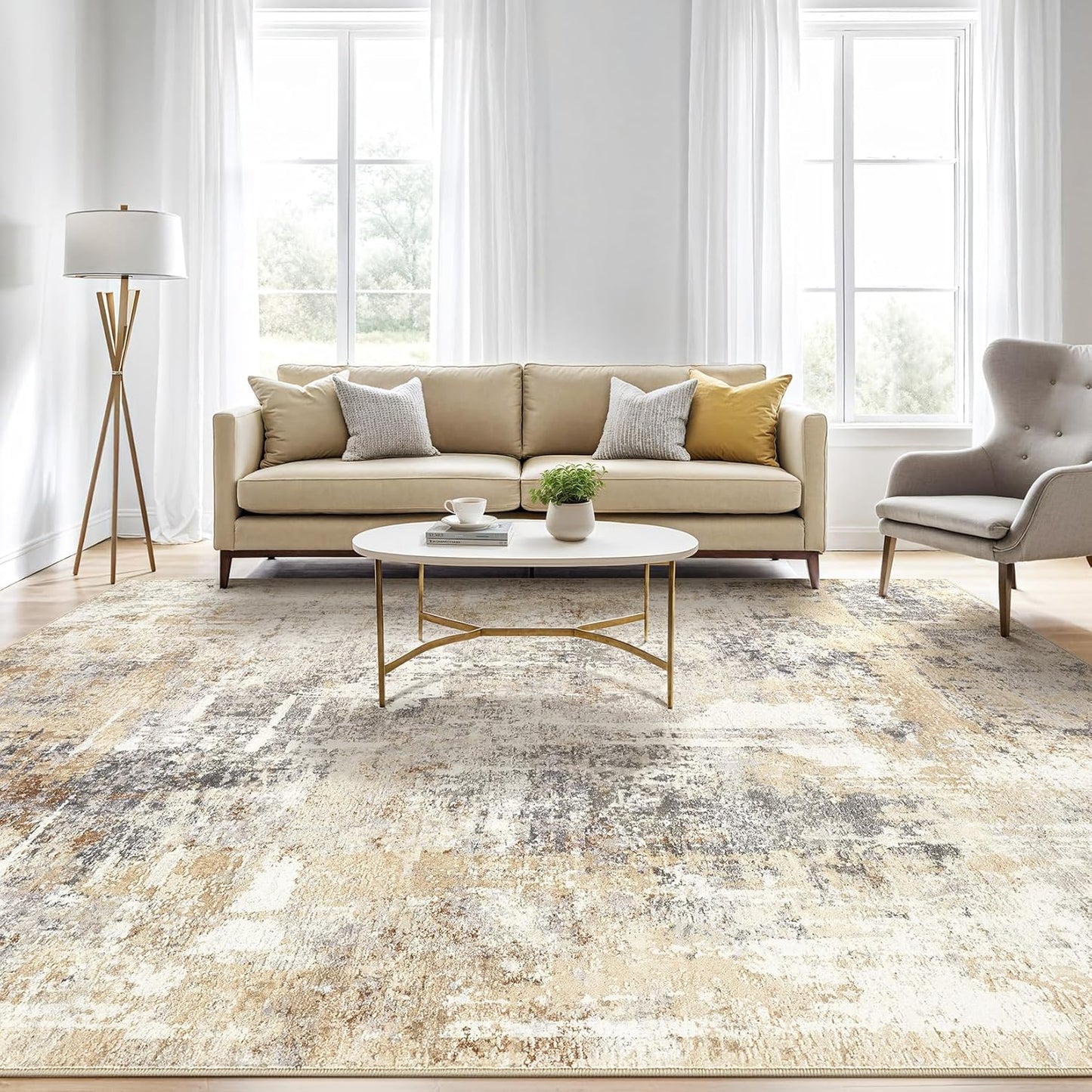 10x12 Area Rug Living Room: Washable Large Abstract Modern Soft Rugs Stain Resistant Indoor Floor Non Slip Accent Carpet for Bedroom Nursery Playroom Office Dining Room Dorm Home House- Gray Gold