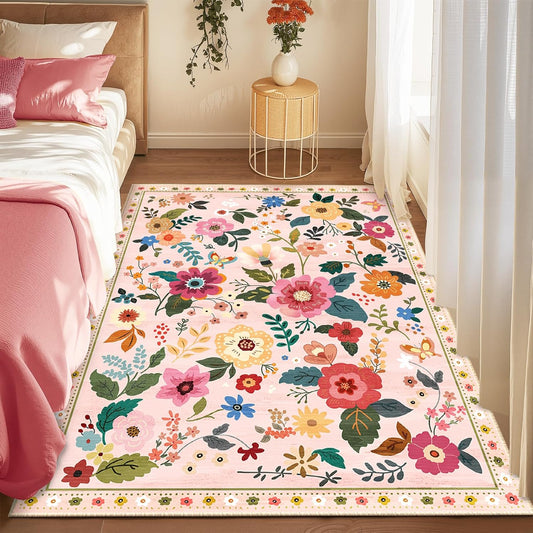 Floral 3x5 Area Rug Machine Washable Soft Print Boho Carpet Non Slip Doormat Low Pile Flower Area Rugs for Living Room Bedroom Nursery Kitchen Dining Room Indoor-Pink