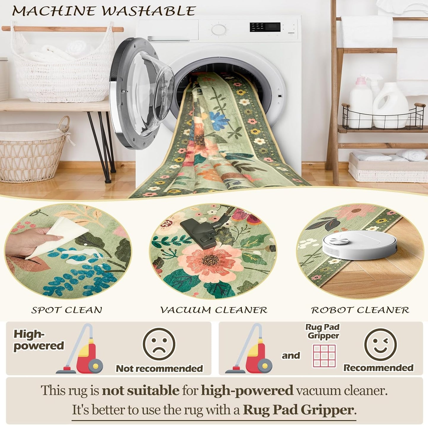 Floral 3x5 Area Rug Machine Washable Soft Print Boho Carpet Non Slip Doormat Low Pile Flower Area Rugs for Living Room Bedroom Nursery Kitchen Dining Room Indoor-Light Green