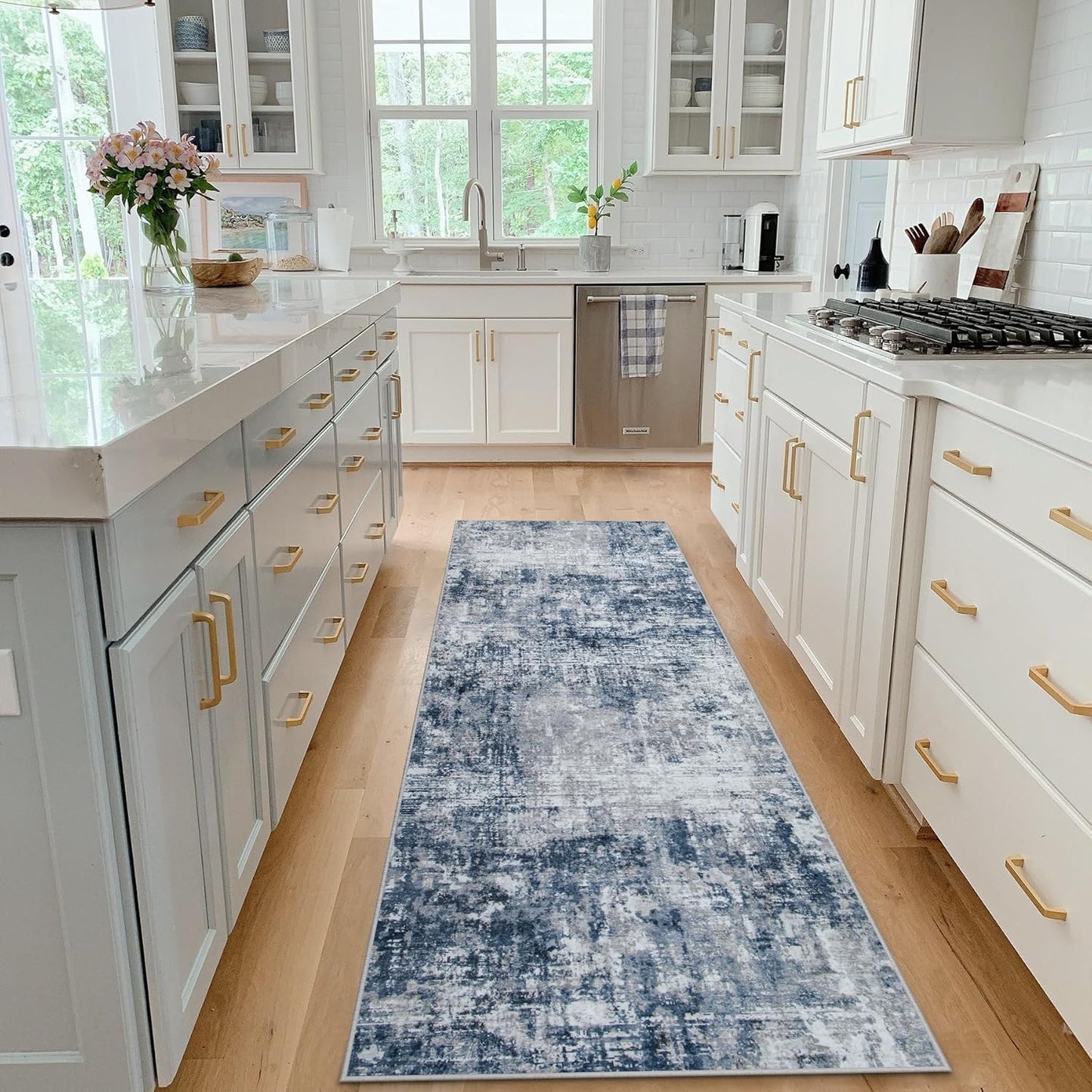 Runner Rug for Hallways Kitchen 2'6"x8' Washable, Non Slip Carpet 8ft Area Rugs Entryway Rubber Backed 8 Feet Neutral Abstract Modern Low Pile Indoor Blue Grey