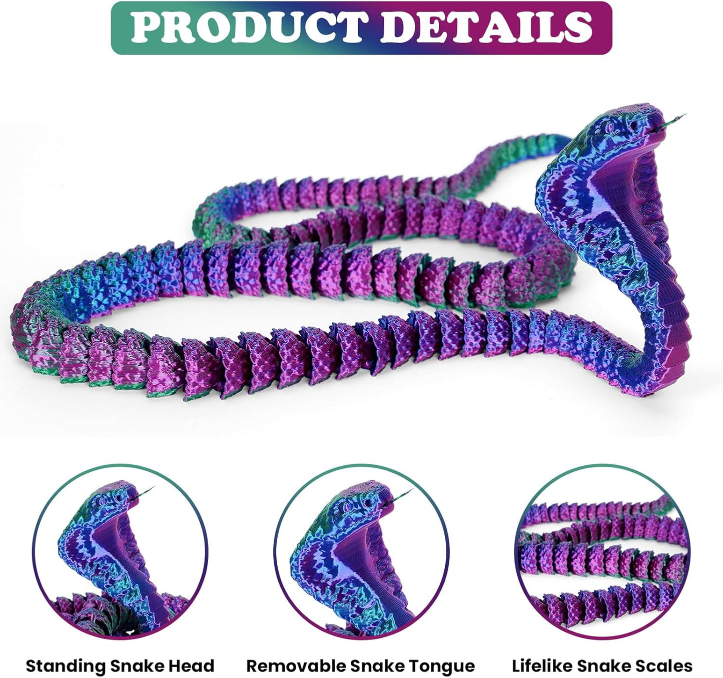 3D Printed Snake 3D Printed Animals 26in Printed Cobra Fidget Toys for Adults 3D Printed Articulated Cobra Flexiable Crystal Snake Toys for Home Office Decor