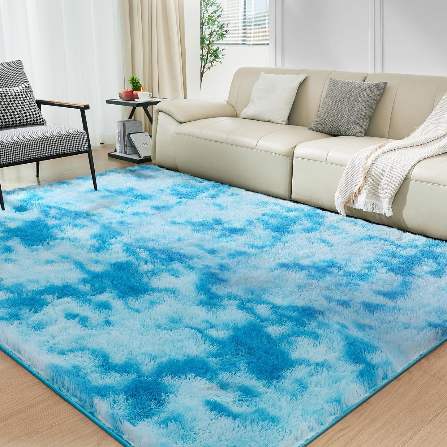 Ultra Soft Rug for Living Room, 6X9 Fluffy Shag Area Rug for Bedroom, Modern Shaggy Carpet Fuzzy Rug for Teens Dorm Nursery Home Decor Aesthetic, Upgrade Anti-Skid Durable, Tie-Dyed Blue