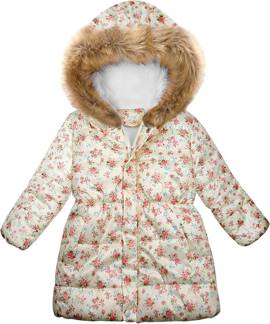 Miss Bei Girl's Winter Coat Jacket Hooded Kids Toddler Flower Print Parka Outwear Warm Cotton Puffer Hooded Jacket
