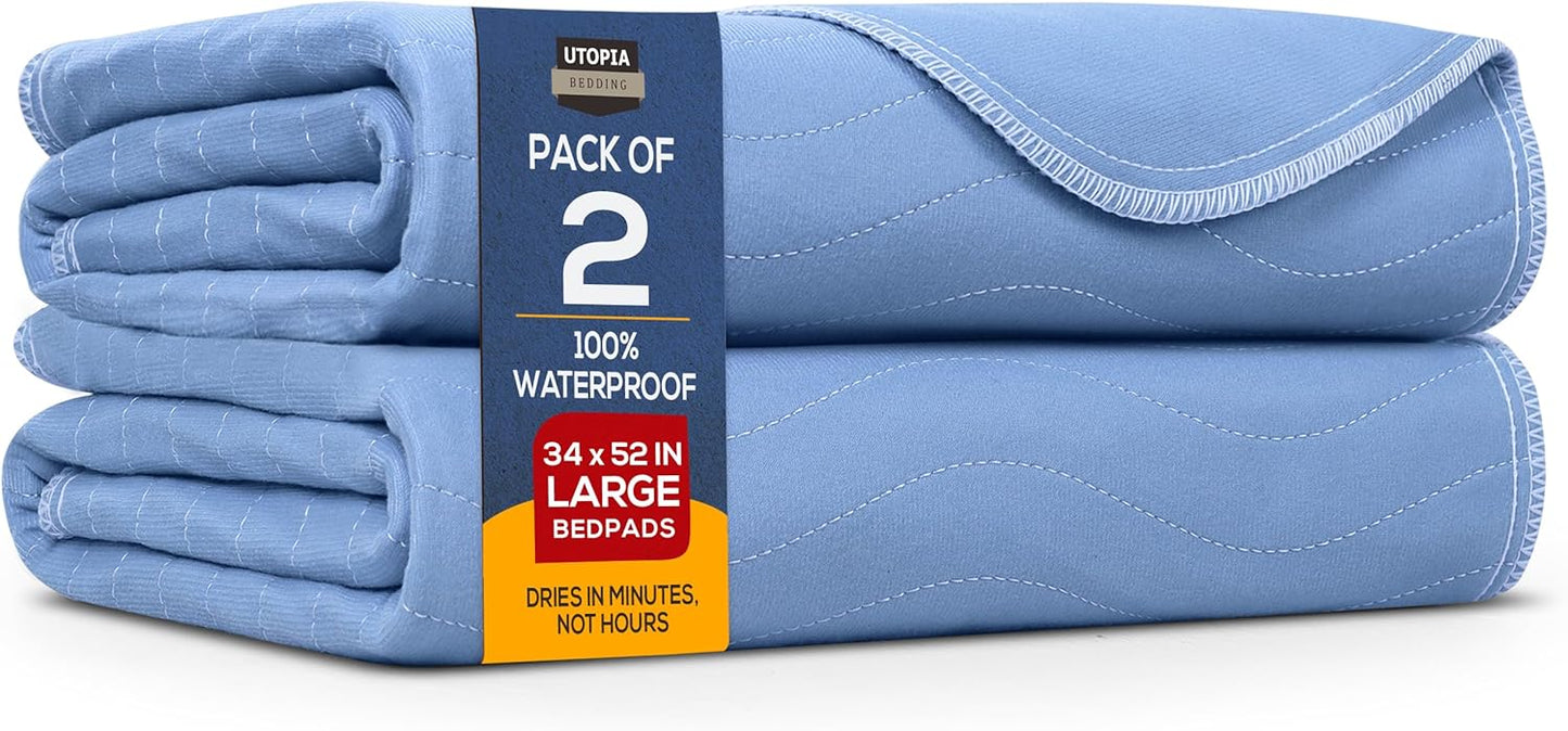 Utopia Bedding Washable Underpads 34" x 52" (Pack of 2), Waterproof Reusable Heavy Absorbency Incontinence Bed Pads for Adults, Kids, Elderly and Pets, Bedwetting Pads for Sofa and Couch (Blue)